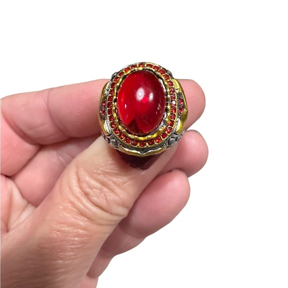 Silver with Gold Accents Red Ruby Unisex Ring - Picture 2 of 8